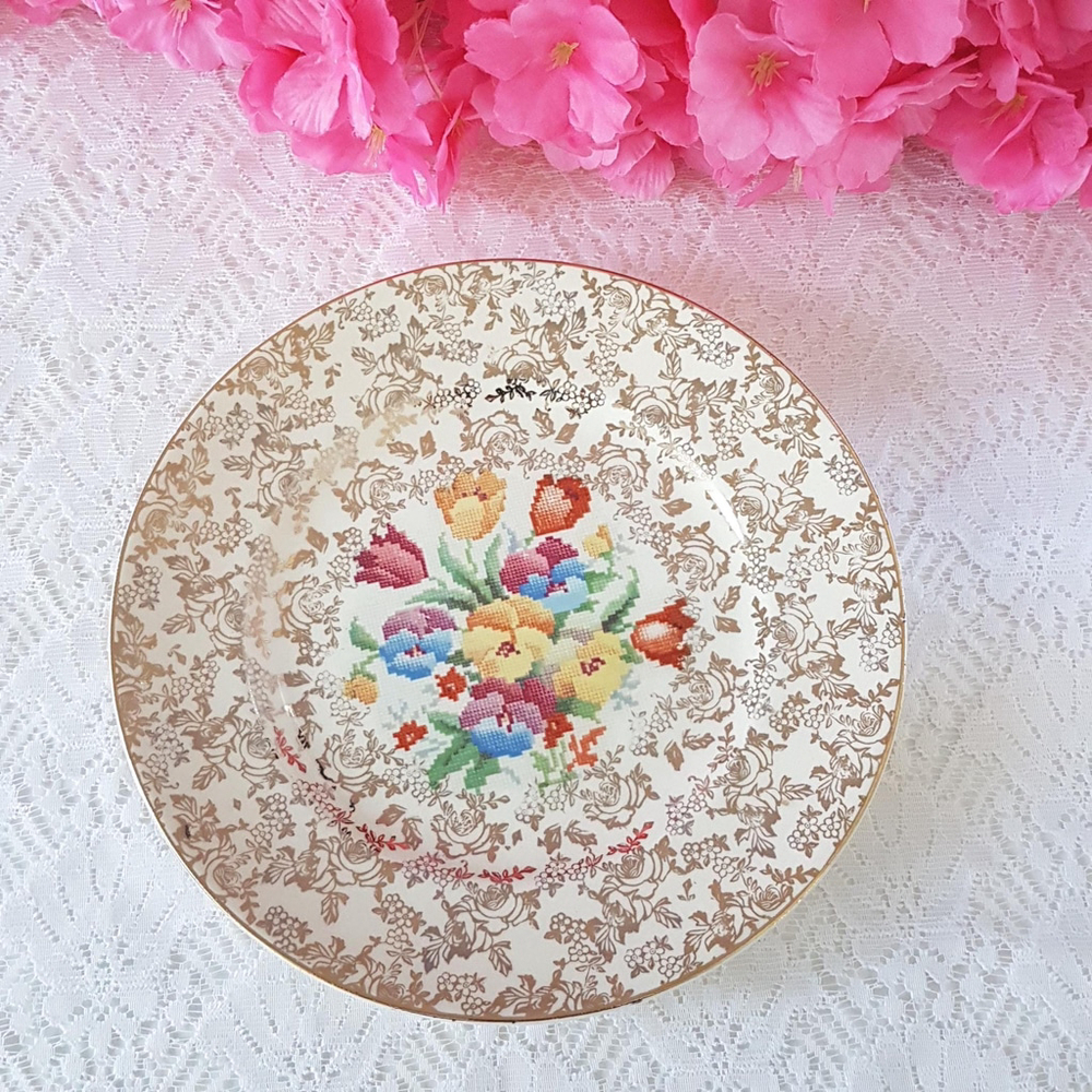 HK Tunstall Old English Sampler Salad Plates, Set of 4, Petit Point, 1930s